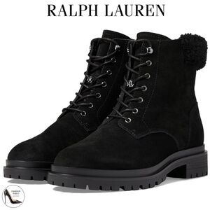 RALPH LAUREN Black Suede Lug Sole Carlee Round Toe Lace-Up Boots Ankle Booties
